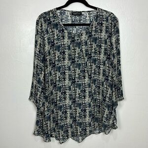 APNY Geo Print Viscose Long Sleeve Round Neck Blouse Top Size XL